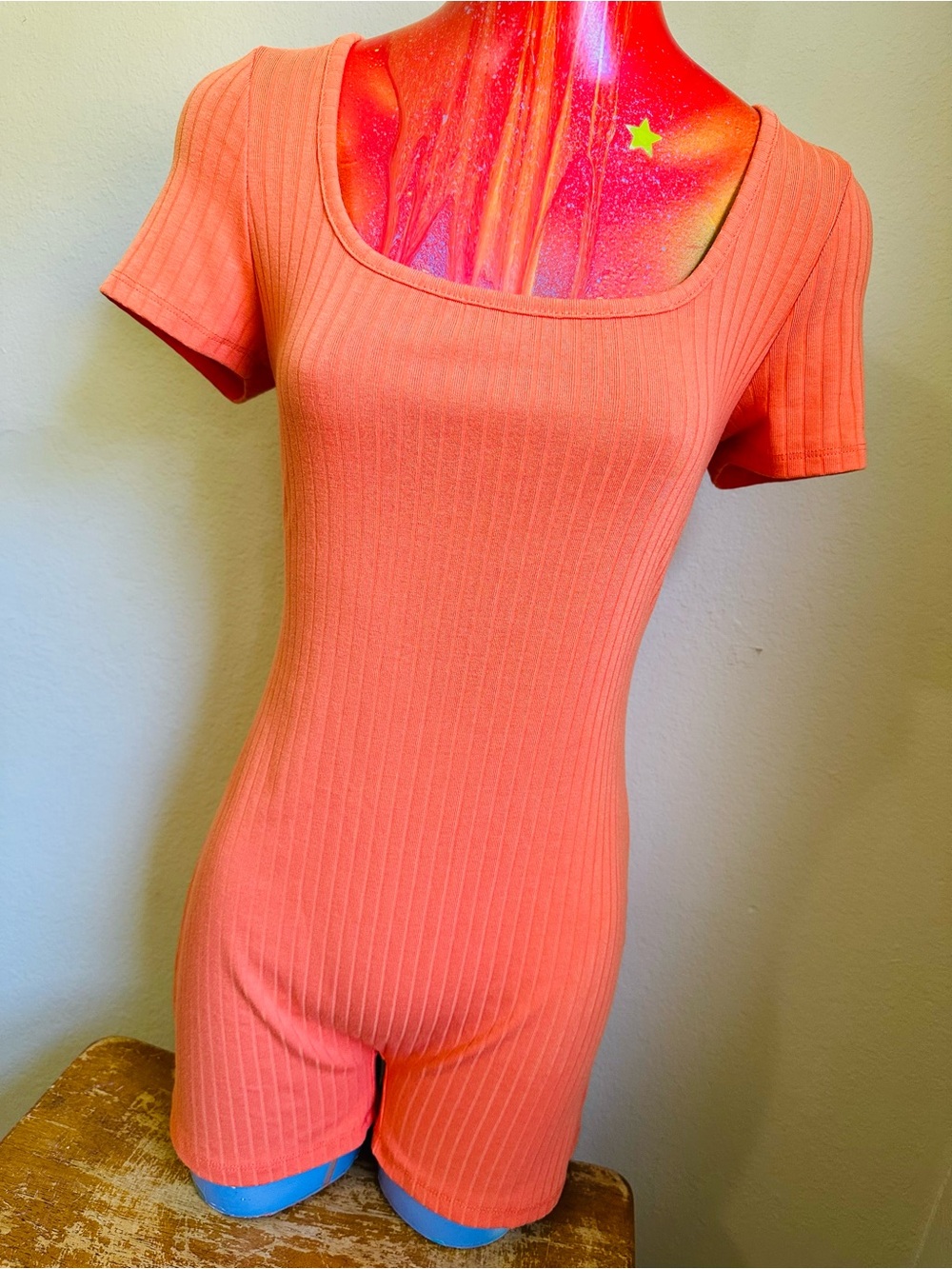 Wild Fable Coral Orange Ribbed Lace-Up Back Romper – Fitted Short Playsuit